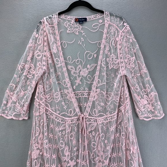 **SOLD**Indigo Poppy Duster Womens S/M Pink Boho Lace Kimono Floral Topper - Picture 2 of 12